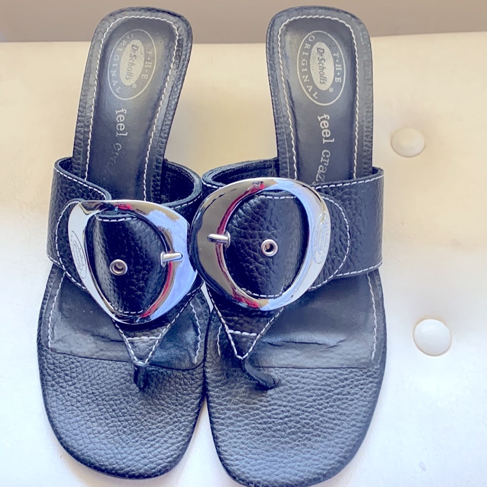 DR SCHOLL’S Feel Crazy Good Thong Heel Slides Black Silver Buckle Kitten Heels